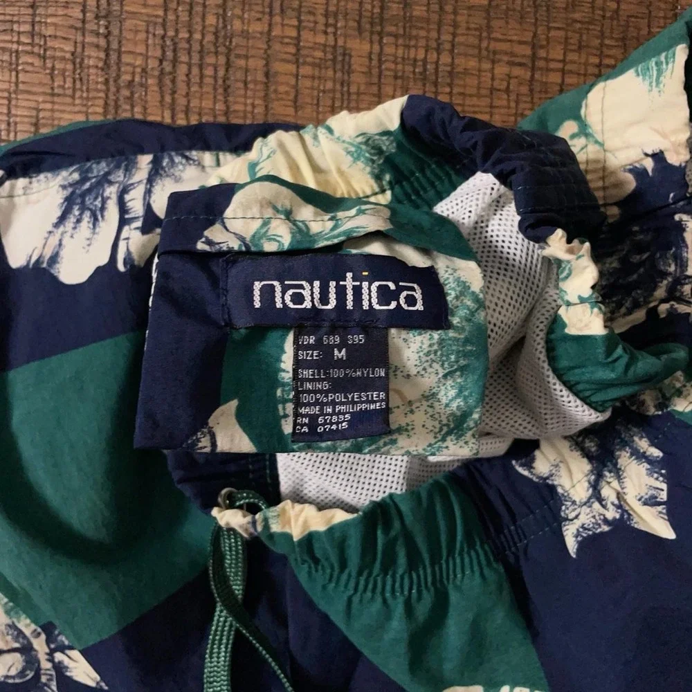Nautica Swim Shorts Mens Medium Green Navy Tropical Floral Striped Vintage